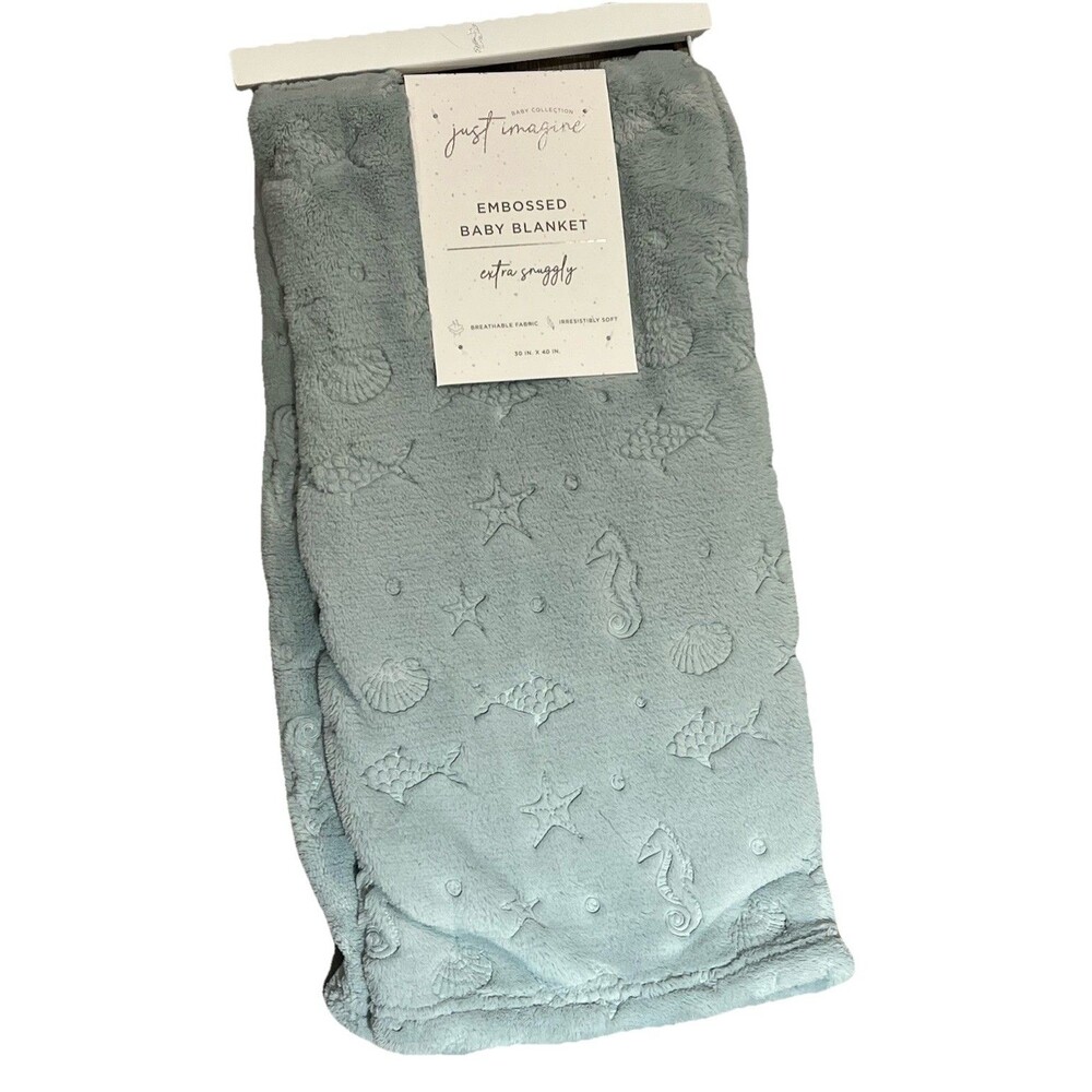Just Imagine Embossed Baby Blanket Aqua Dreams Seahorse Fish Star Blue Sea Life